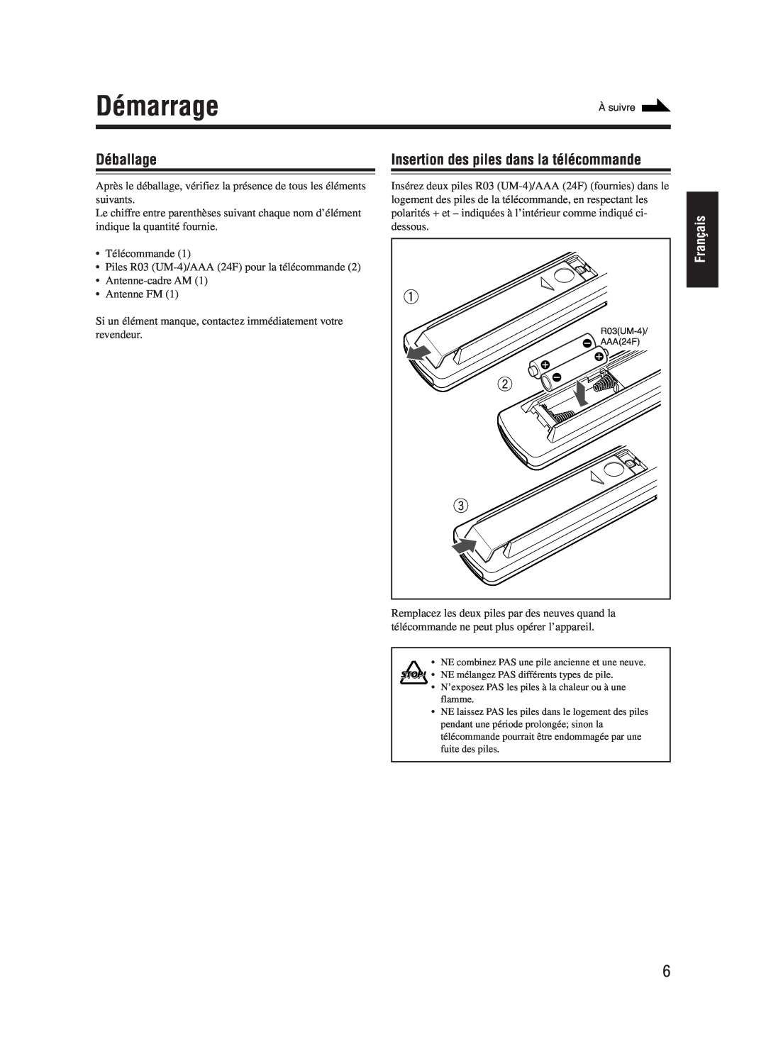 JVC UX-M55 manual Démarrage, Déballage, Insertion des piles dans la télécommande, Français 