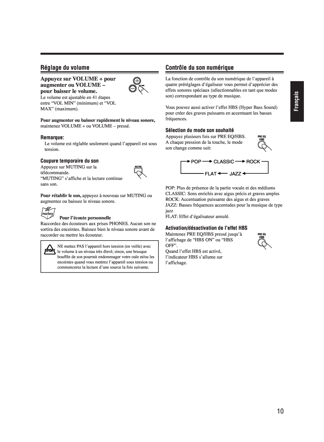 JVC UX-M55 manual Réglage du volume, Contrôle du son numérique, Français, Remarque, Coupure temporaire du son 