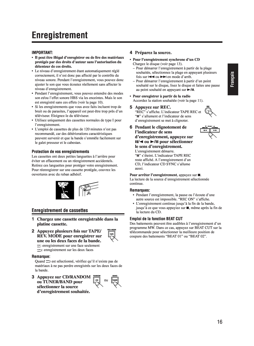 JVC UX-M55 manual Enregistrement de cassettes, Français 