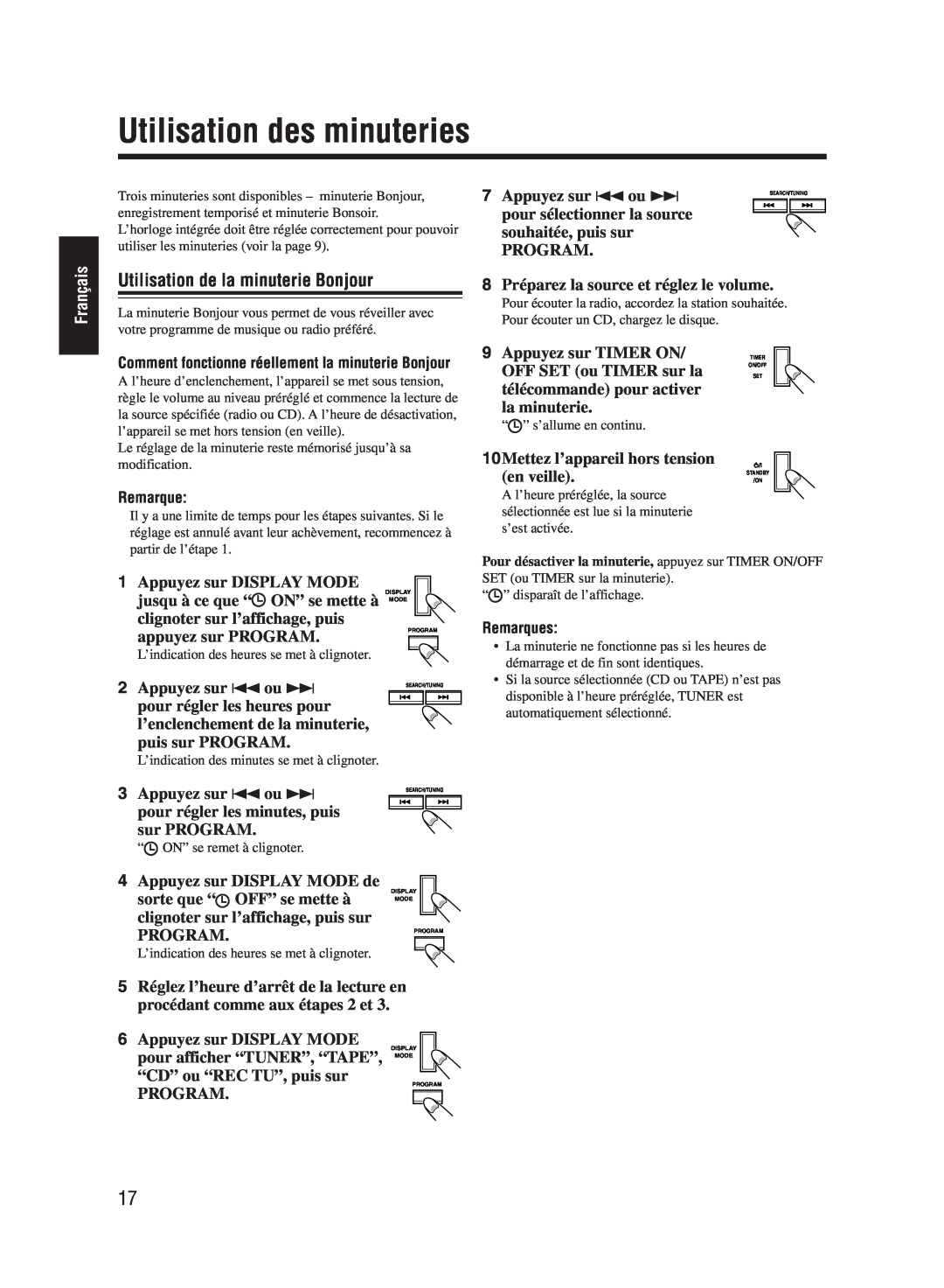 JVC UX-M55 manual Utilisation des minuteries, Utilisation de la minuterie Bonjour, Français 