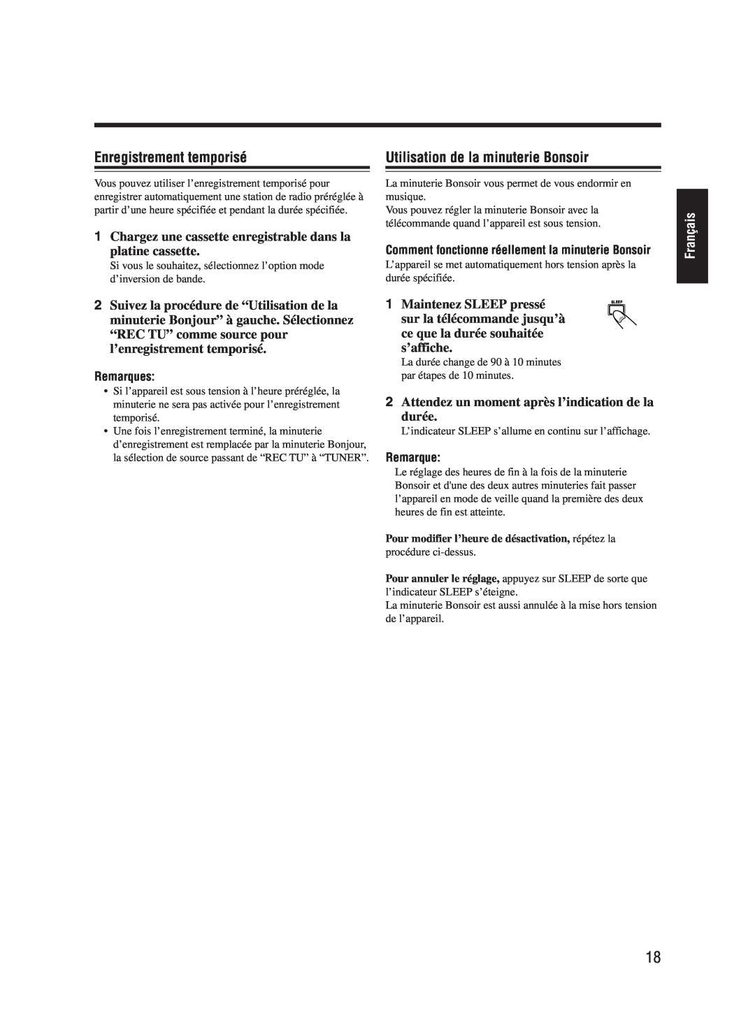 JVC UX-M55 manual Enregistrement temporisé, Utilisation de la minuterie Bonsoir, Français, Remarques 