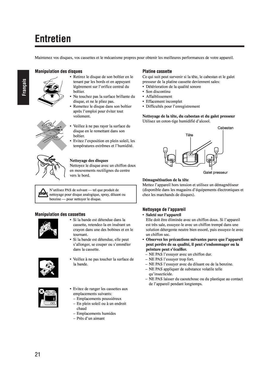 JVC UX-M55 manual Entretien, Français, Manipulation des disques, Platine cassette, Manipulation des cassettes 
