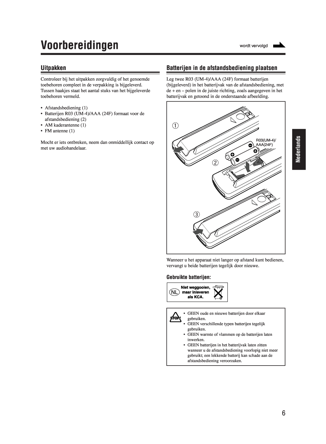 JVC UX-M55 manual Voorbereidingen, Uitpakken, Batterijen in de afstandsbediening plaatsen, Nederlands, Gebruikte batterijen 