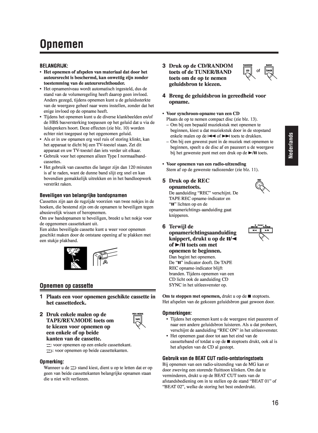JVC UX-M55 manual Opnemen op cassette, Nederlands 