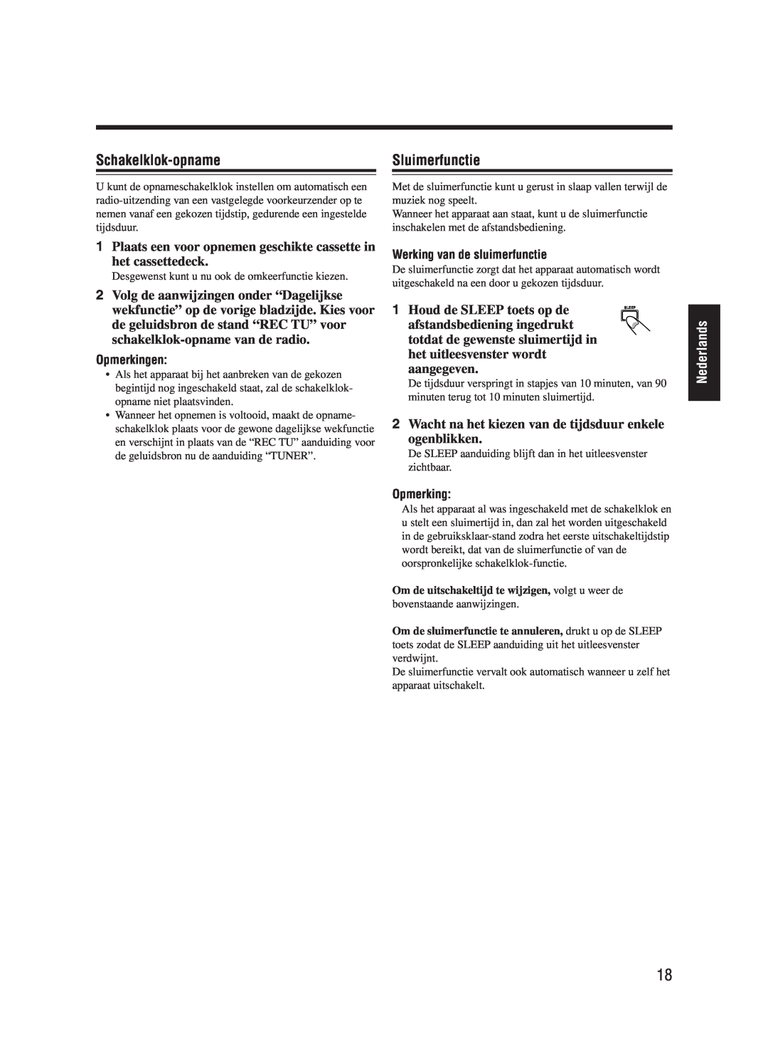 JVC UX-M55 manual Schakelklok-opname, Sluimerfunctie, Nederlands 