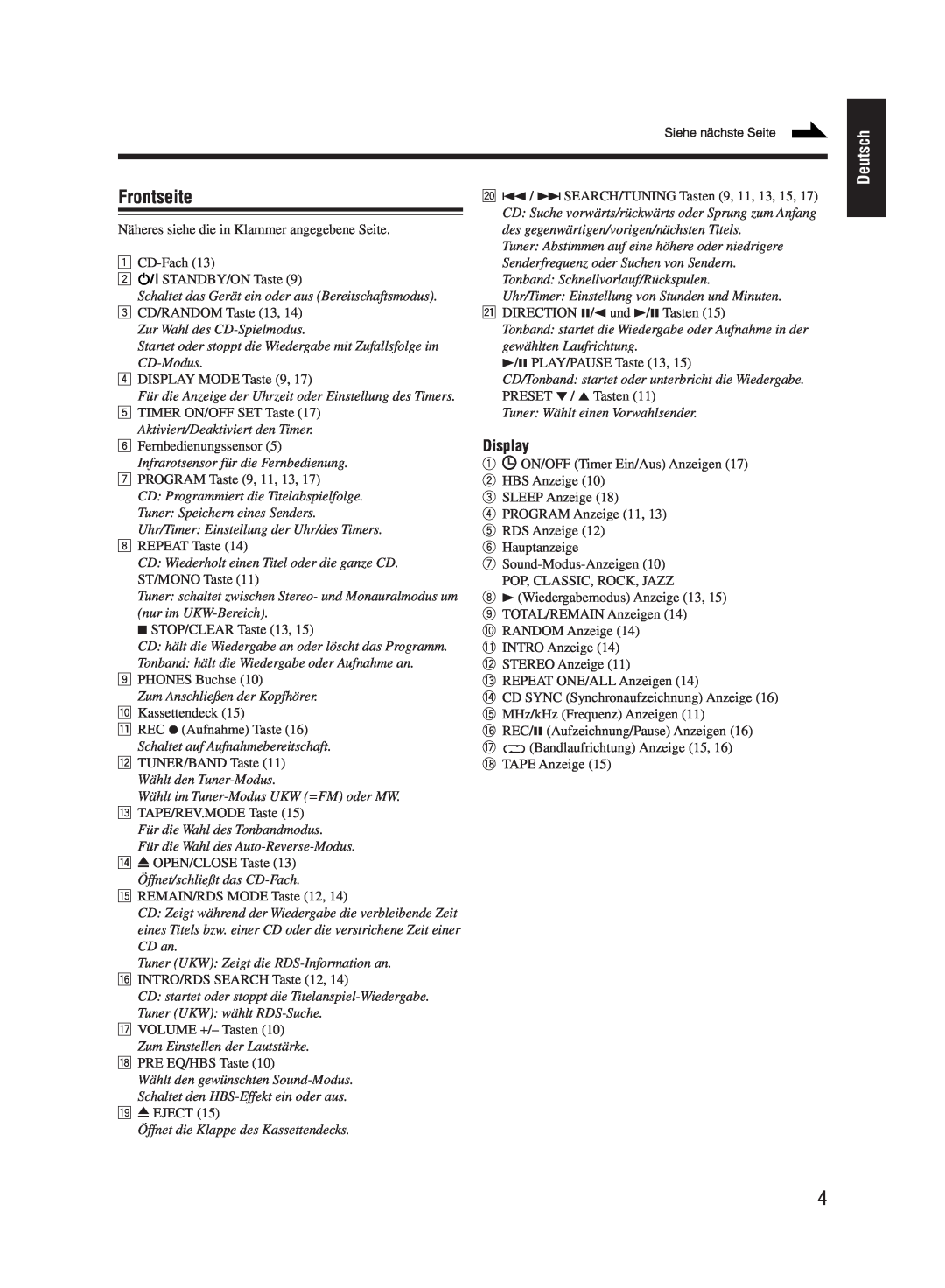 JVC UX-M55 manual Frontseite, Deutsch, Display 