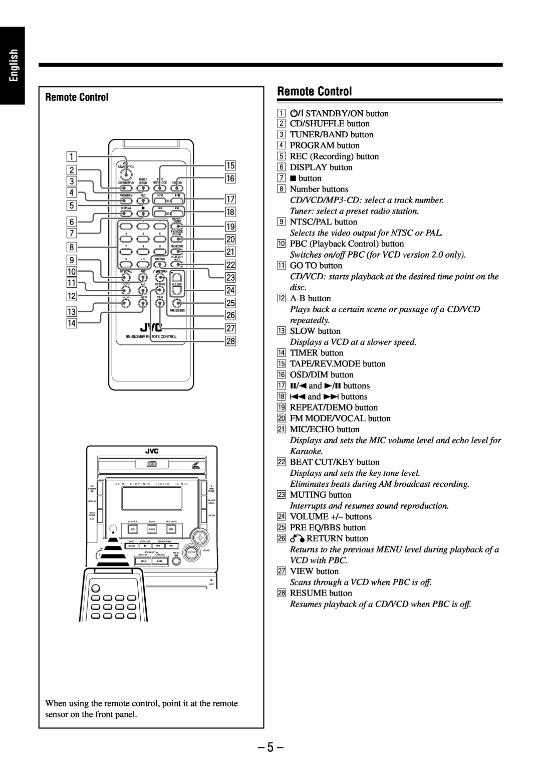 JVC UX-M6VUB manual Remote Control, English 