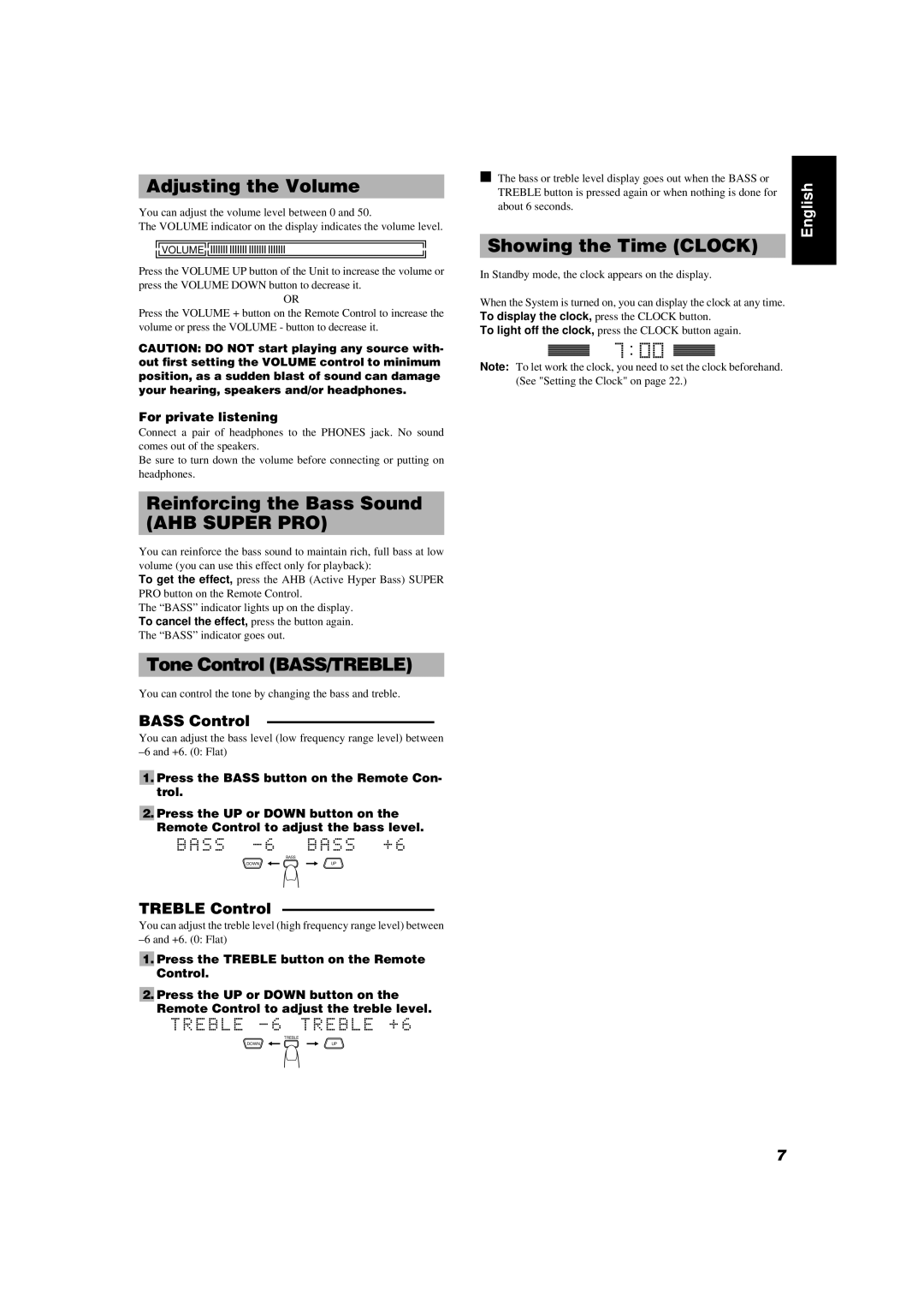 JVC UX-MD9000R manual Adjusting the Volume, Reinforcing the Bass Sound, Tone Control BASS/TREBLE, Showing the Time Clock 