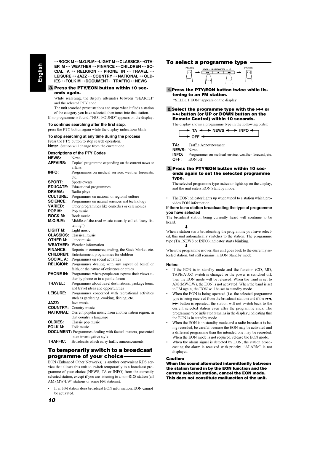 JVC UX-MD9000R manual To select a programme type, Press the PTY/EON button within 10 sec, Onds again 