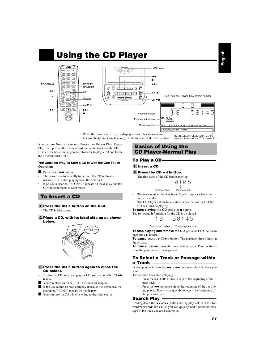 JVC UX-MD9000R manual Using the CD Player, To Insert a CD, Basics of Using CD Player-Normal Play 