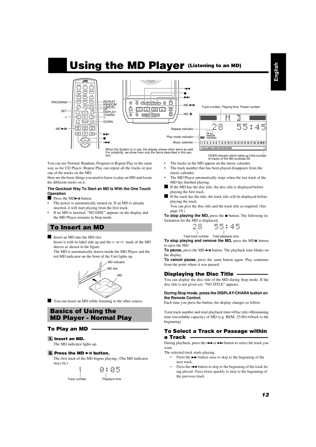 JVC UX-MD9000R manual Using the MD Player Listening to an MD, To Insert an MD, Basics of Using MD Player Normal Play 