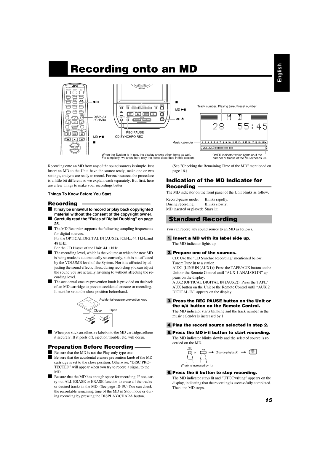 JVC UX-MD9000R manual Recording onto an MD, Standard Recording, Preparation Before Recording 