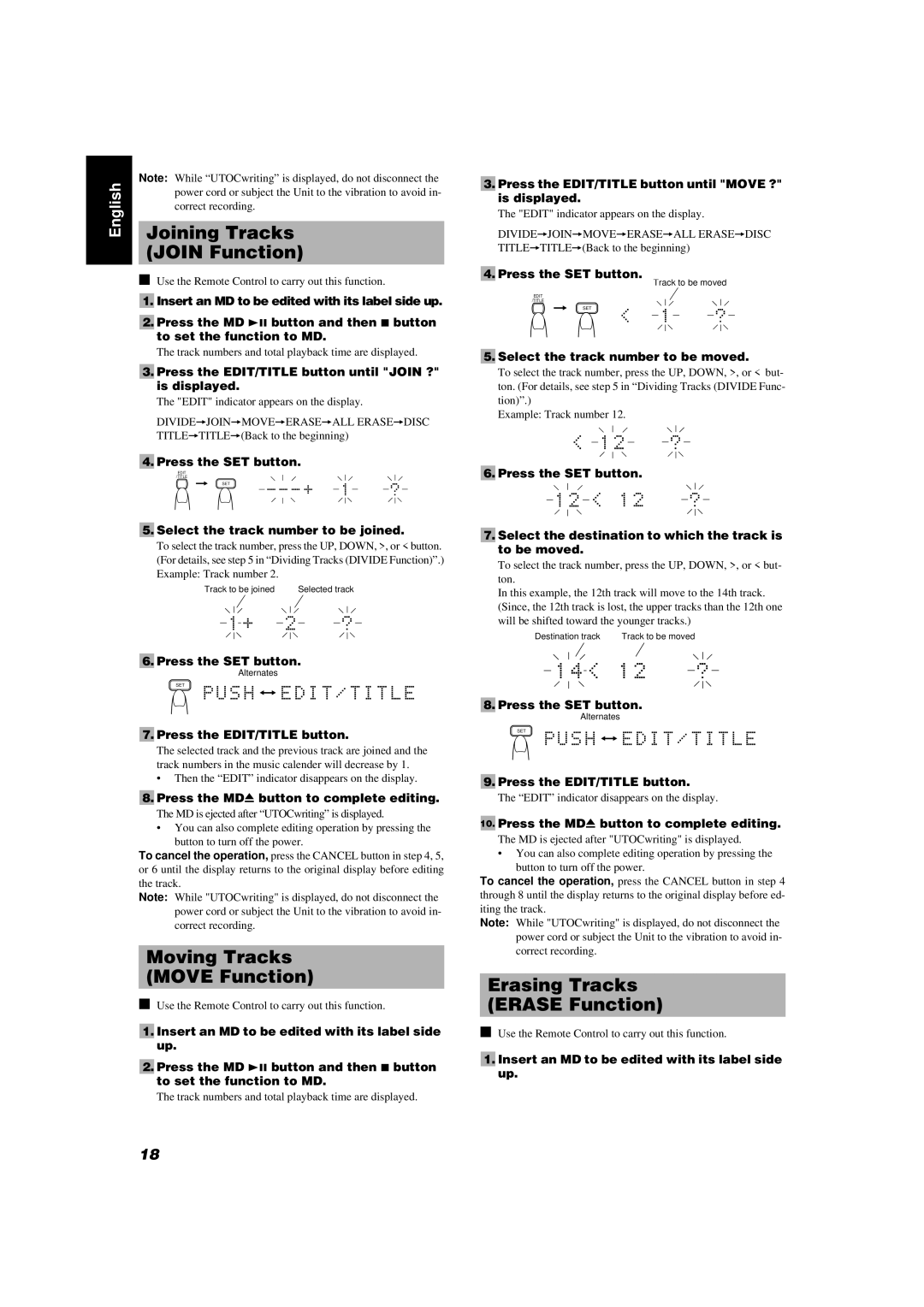 JVC UX-MD9000R manual Joining Tracks, Join Function, Moving Tracks Move Function, Erasing Tracks Erase Function 