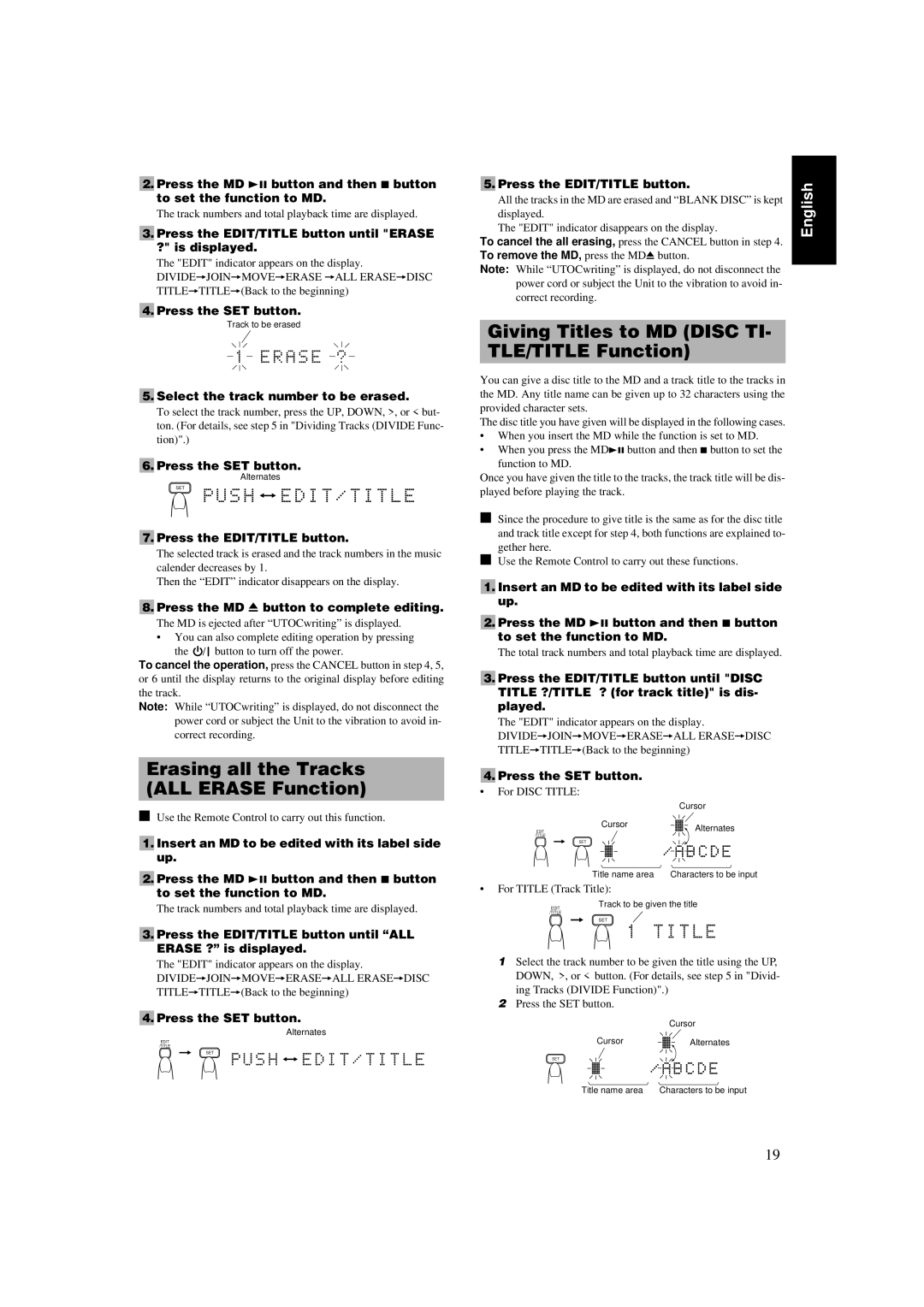 JVC UX-MD9000R manual Erasing all the Tracks ALL Erase Function, Giving Titles to MD Disc TI- TLE/TITLE Function 
