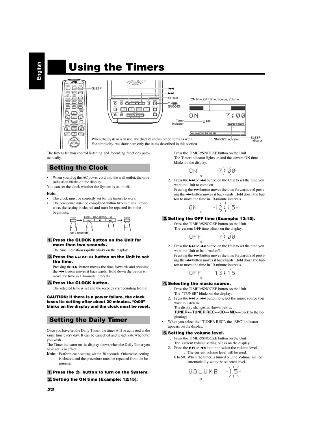 JVC UX-MD9000R manual Using the Timers, Setting the Clock, Setting the Daily Timer 