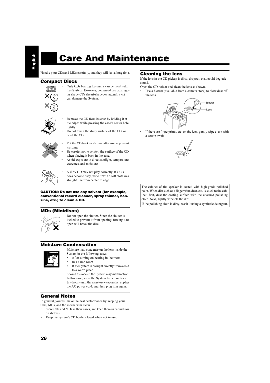 JVC UX-MD9000R manual Care And Maintenance 