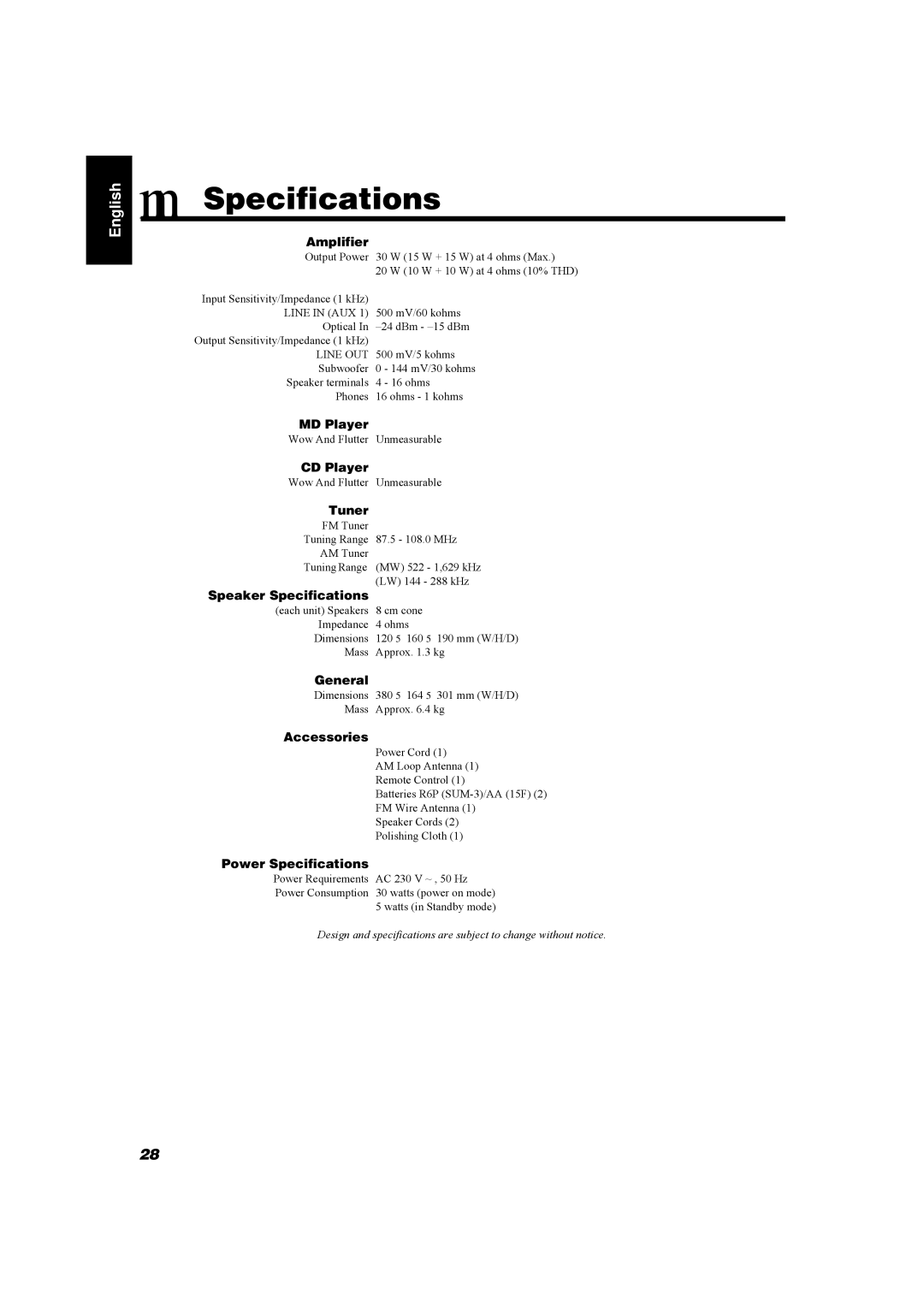 JVC UX-MD9000R manual Specifications 