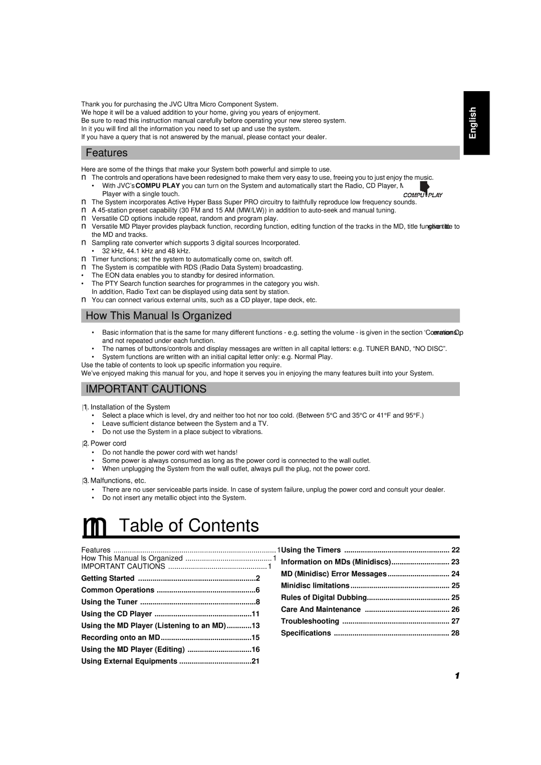 JVC UX-MD9000R manual Table of Contents 