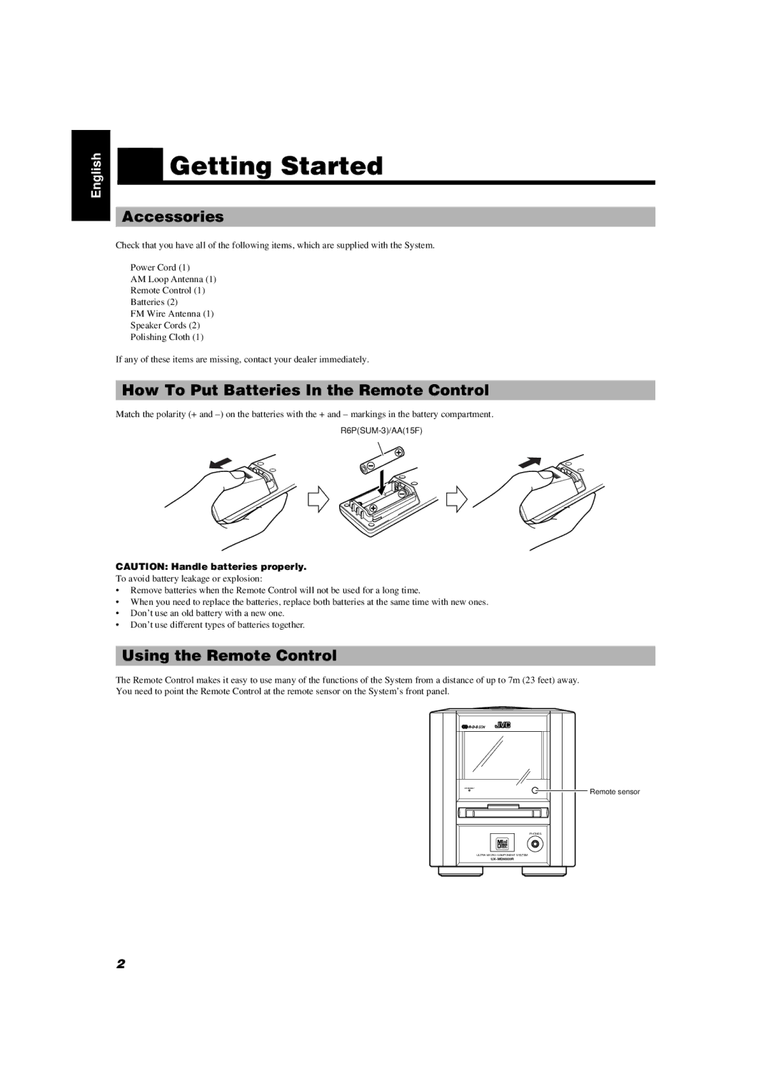 JVC UX-MD9000R manual Getting Started, Accessories, How To Put Batteries In the Remote Control, Using the Remote Control 