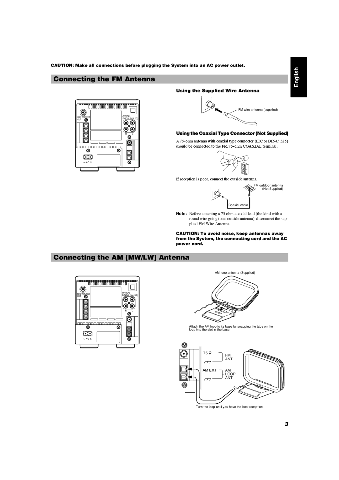 JVC UX-MD9000R manual Connecting the FM Antenna, Connecting the AM MW/LW Antenna, Using the Supplied Wire Antenna 