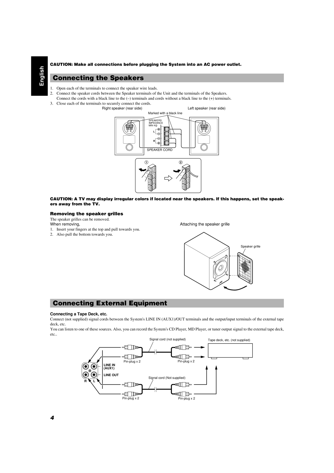 JVC UX-MD9000R manual Connecting the Speakers, Connecting External Equipment, Removing the speaker grilles 