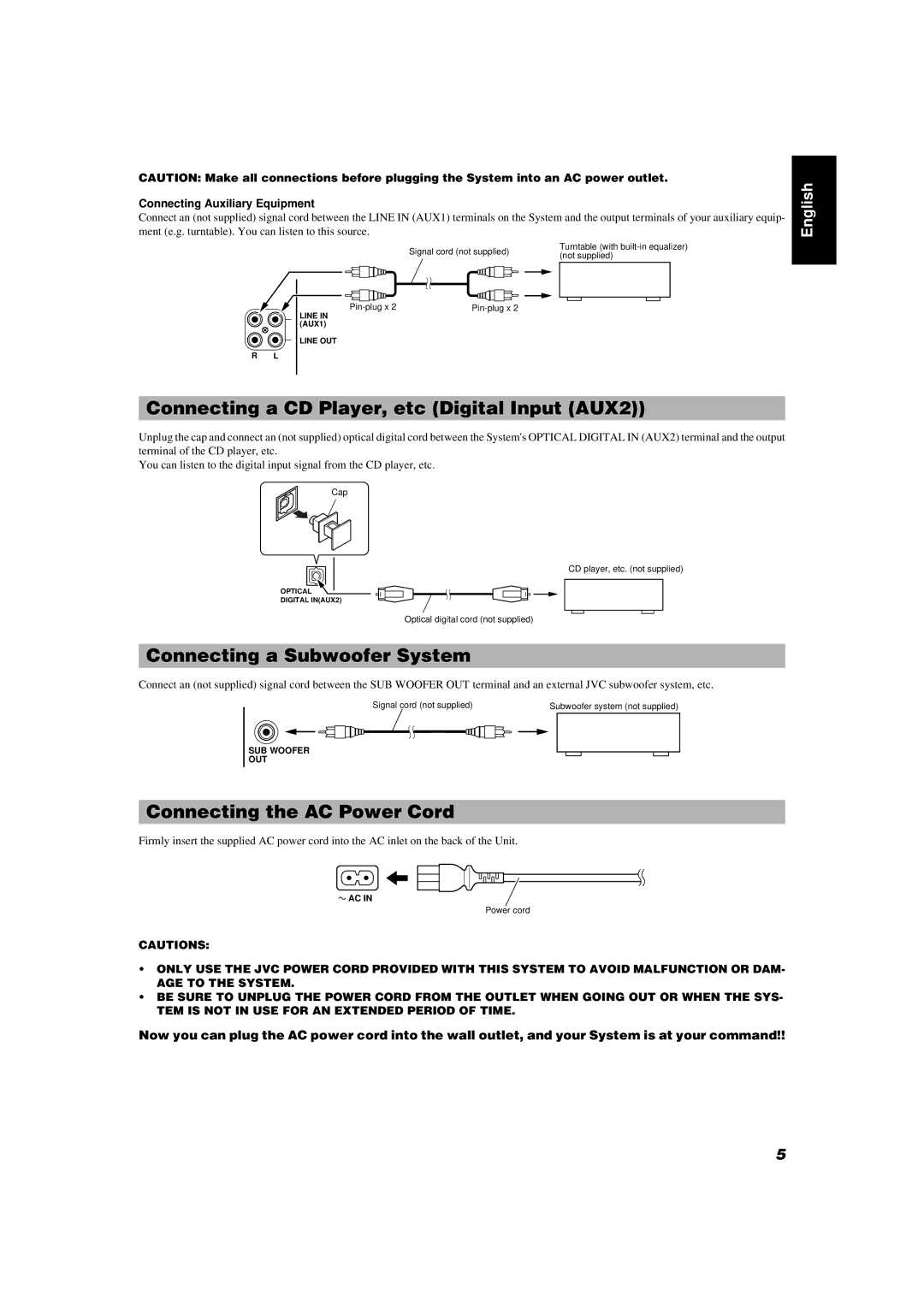 JVC UX-MD9000R Connecting a CD Player, etc Digital Input AUX2, Connecting a Subwoofer System, Connecting the AC Power Cord 