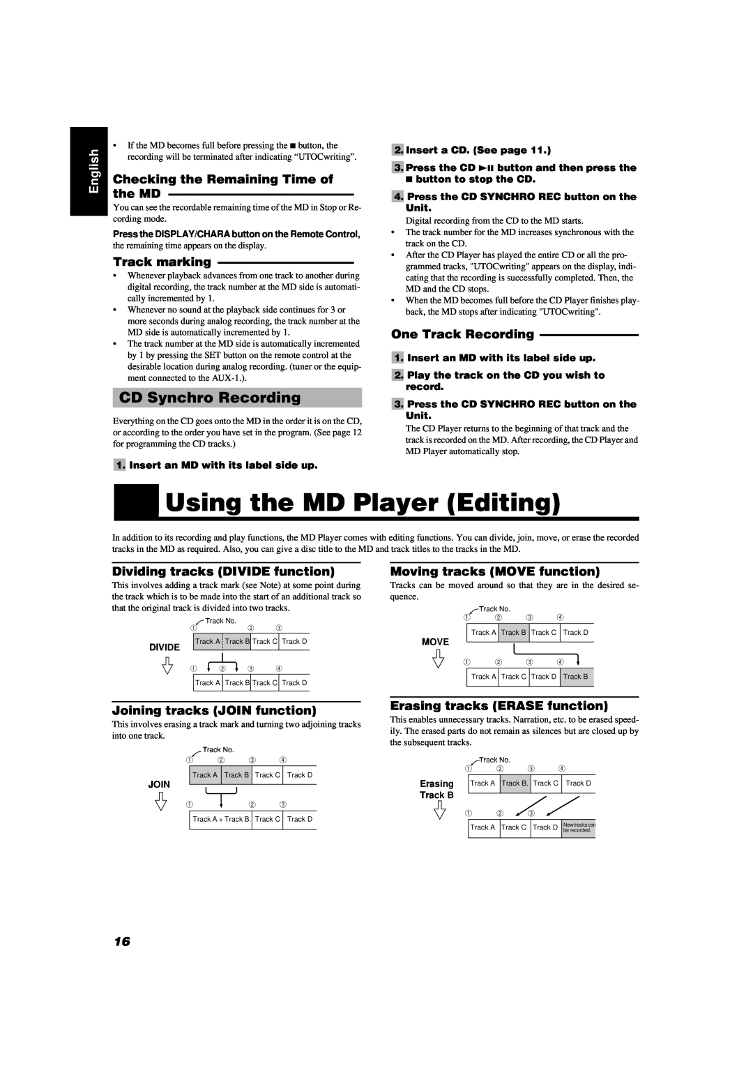 JVC UX-MD9000R manual Using the MD Player Editing, CD Synchro Recording, Track marking, One Track Recording, English 