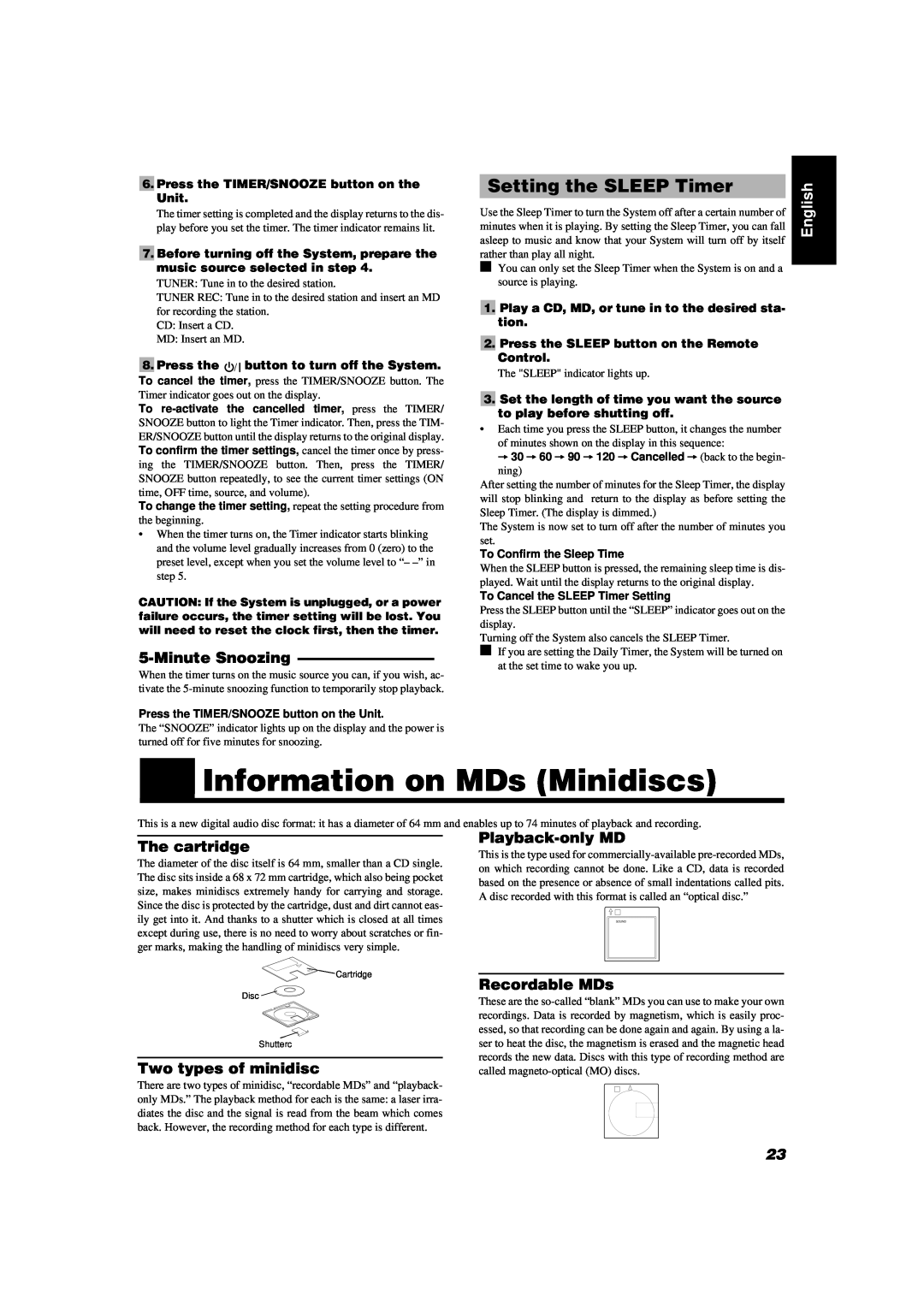 JVC UX-MD9000R Information on MDs Minidiscs, Setting the SLEEP Timer, MinuteSnoozing, The cartridge, Playback-onlyMD, Unit 