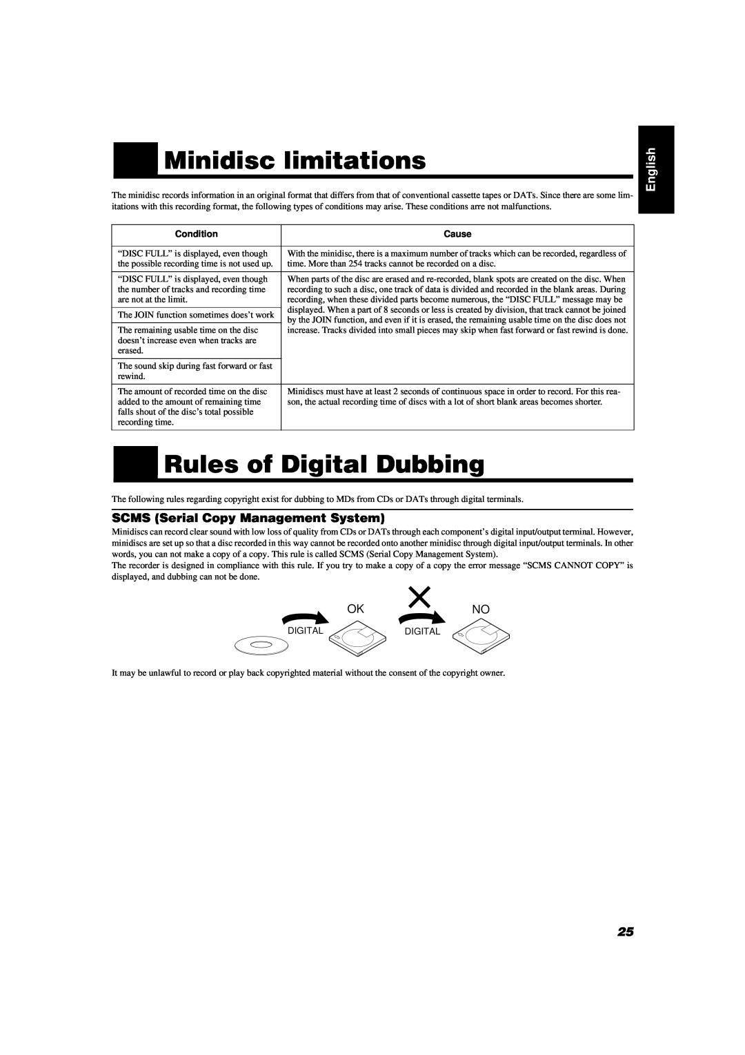 JVC UX-MD9000R manual Minidisc limitations, Rules of Digital Dubbing, SCMS Serial Copy Management System, Okno, English 