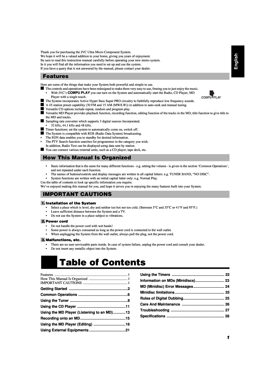 JVC UX-MD9000R manual Table of Contents, Features, How This Manual Is Organized, Important Cautions, English, Power cord 
