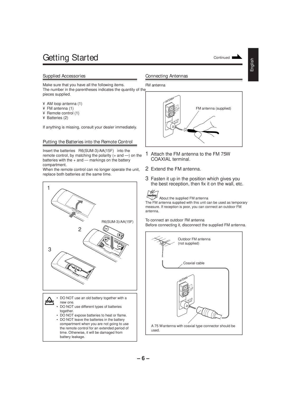 JVC UX-P3 manual Getting Started, Supplied Accessories Connecting Antennas 