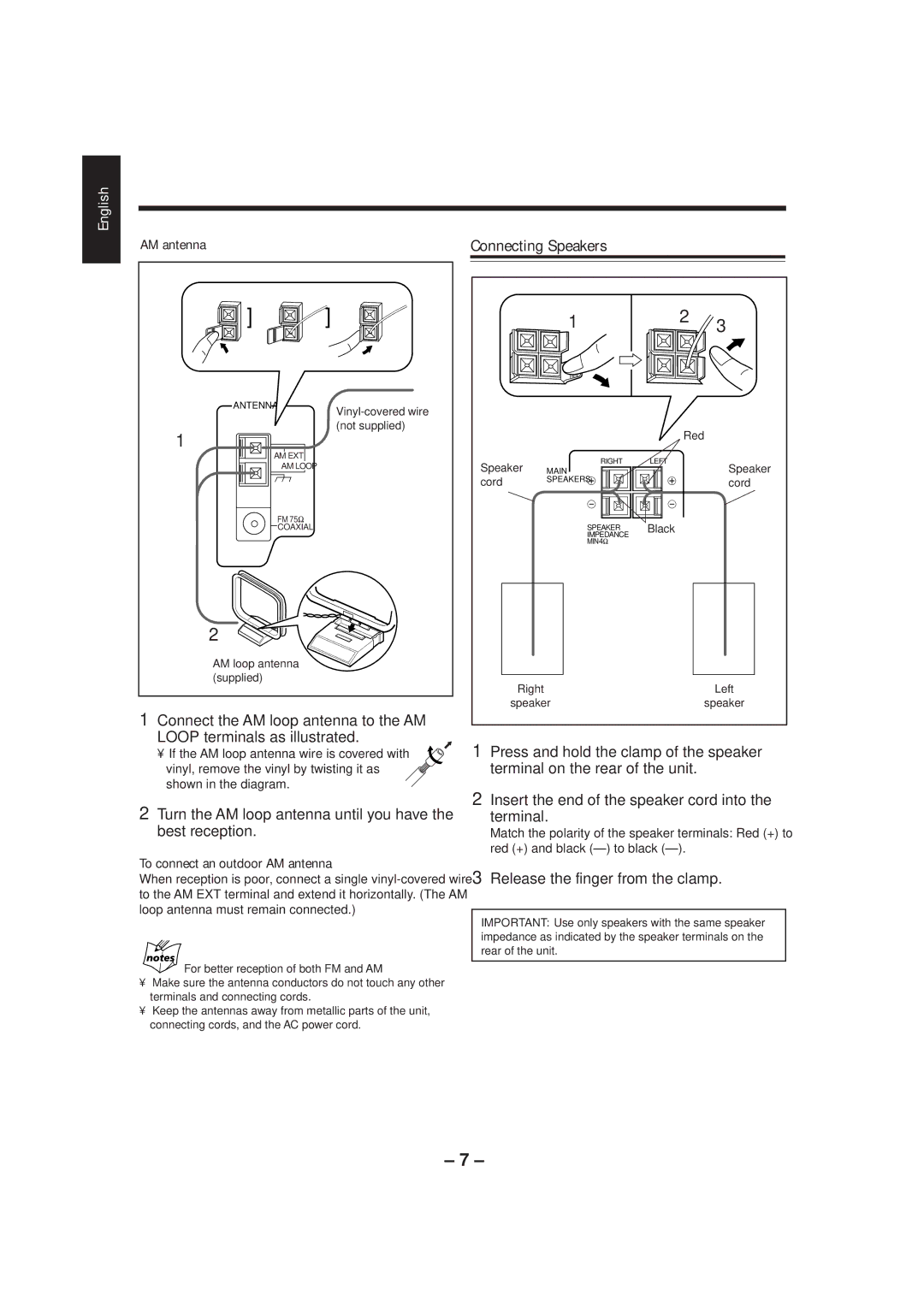 JVC UX-P3 manual Connecting Speakers, Turn the AM loop antenna until you have the best reception, AM antenna 