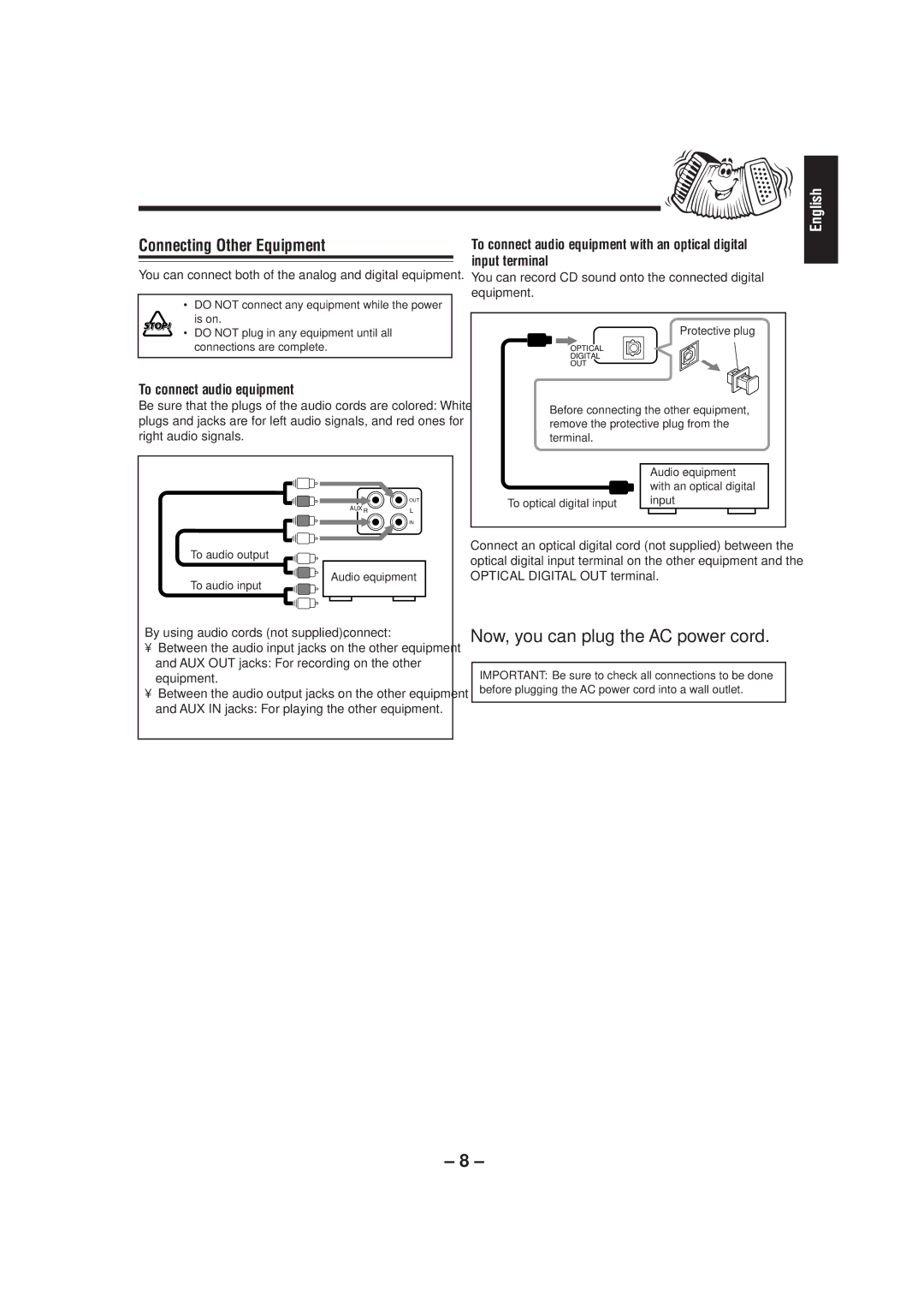 JVC UX-P3 Connecting Other Equipment, To connect audio equipment, You can connect both of the analog and digital equipment 