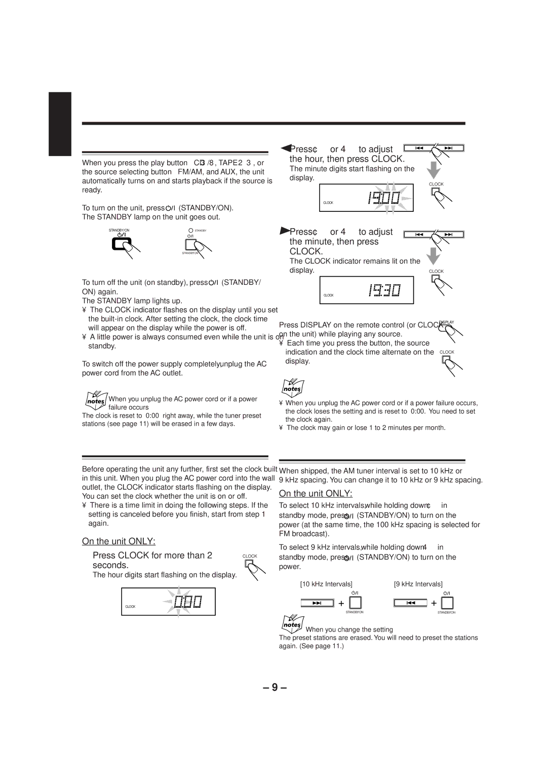 JVC UX-P3 manual Common Operations, Turning On the Power, Setting the Clock, Setting the AM Tuner Interval Spacing 