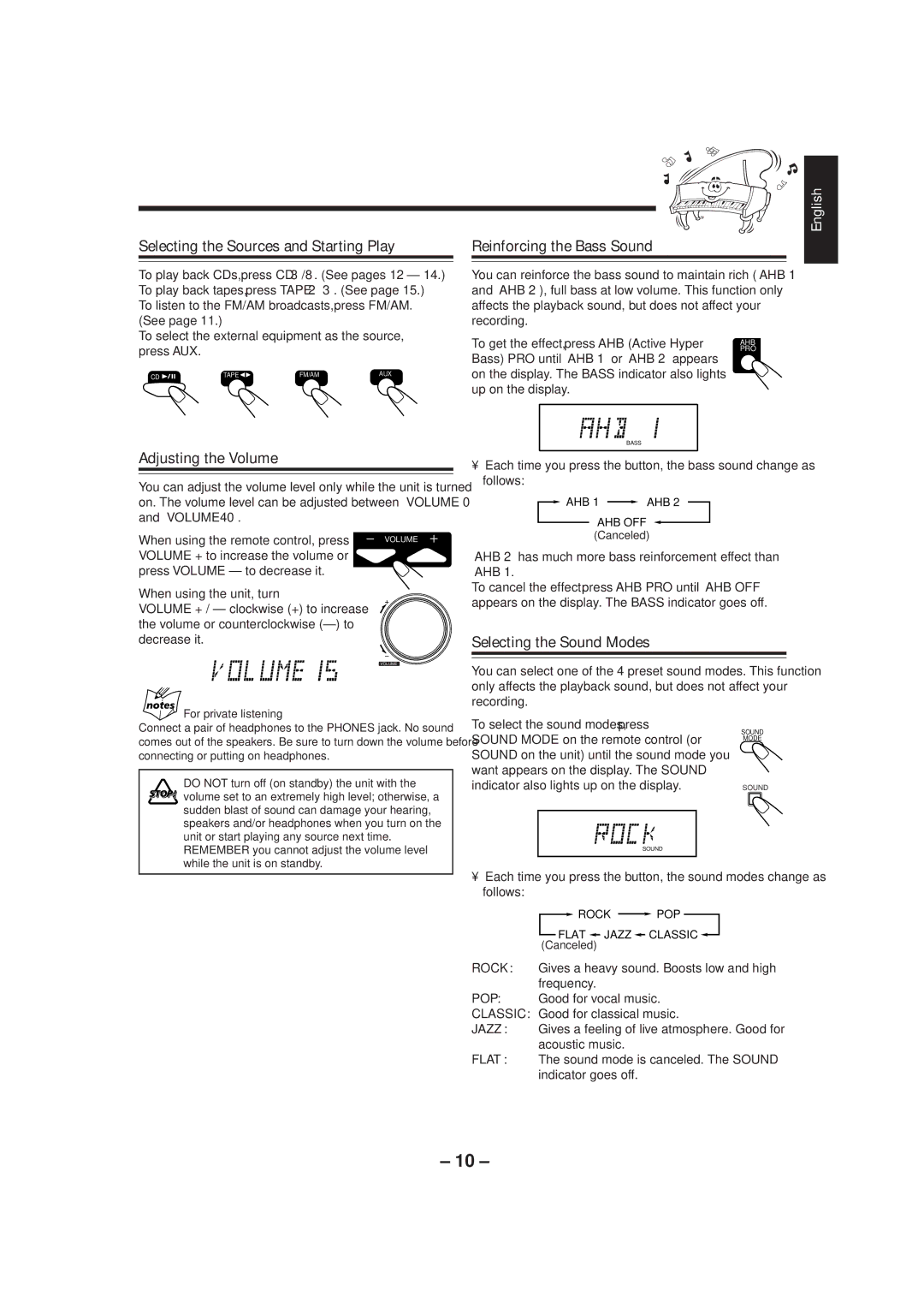 JVC UX-P3 manual Adjusting the Volume, Selecting the Sound Modes, To select the external equipment as the source 