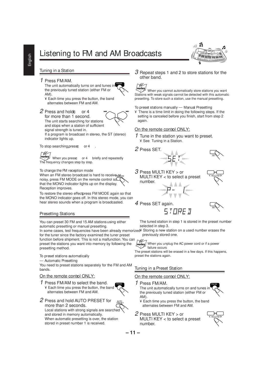 JVC UX-P3 manual Listening to FM and AM Broadcasts, Tuning in a Station, Presetting Stations, Tuning in a Preset Station 