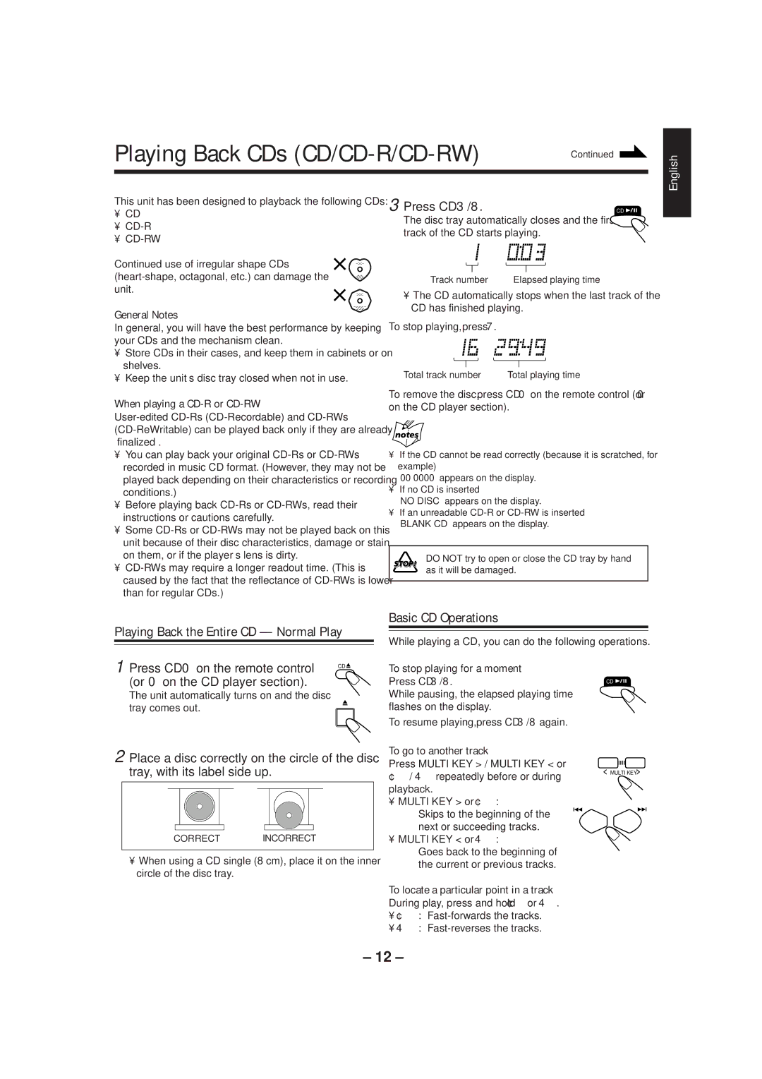 JVC UX-P3 manual Playing Back CDs CD/CD-R/CD-RW, Playing Back the Entire CD Normal Play, Basic CD Operations, Press CD 3/8 