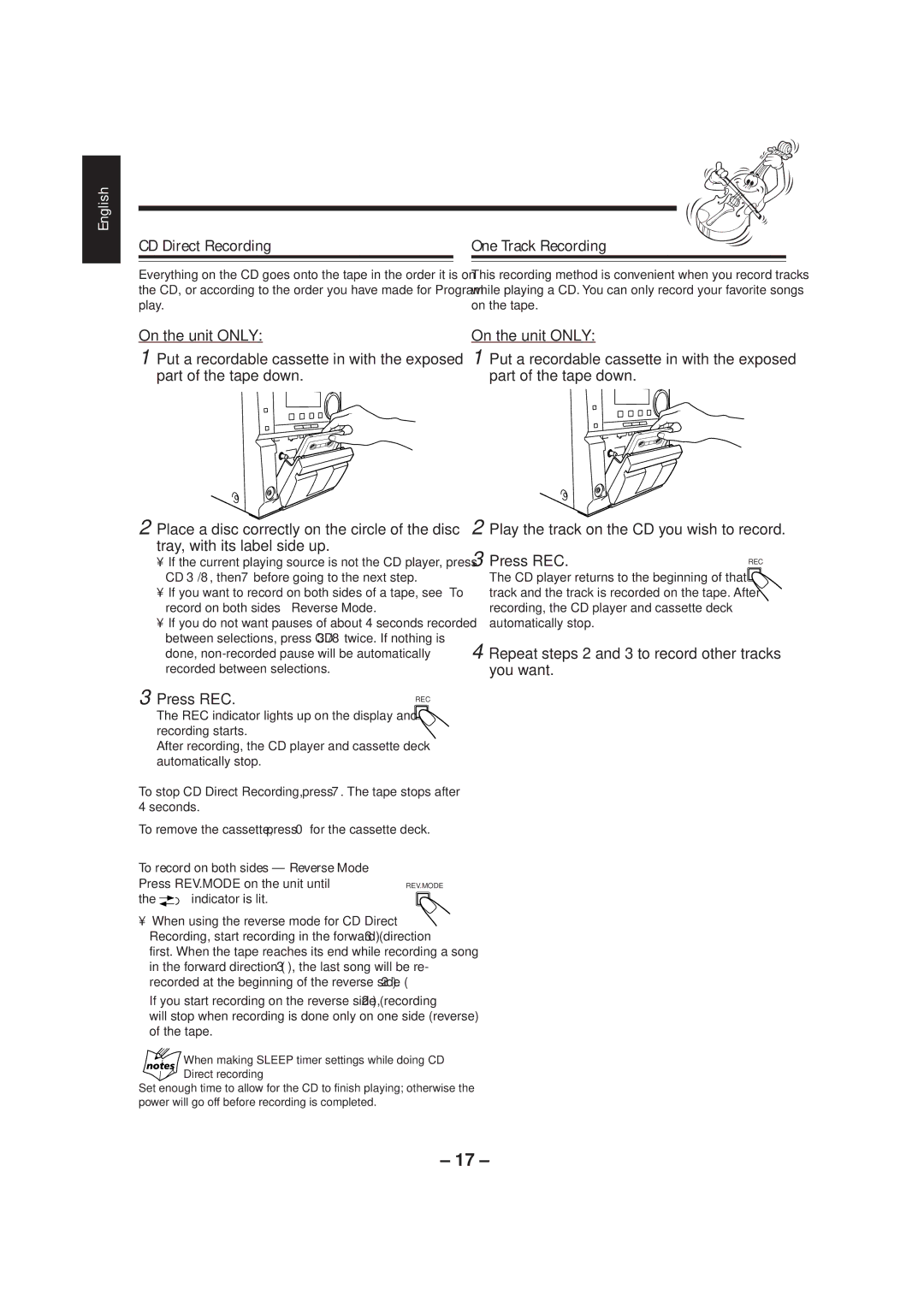 JVC UX-P3 manual CD Direct Recording One Track Recording, Repeat steps 2 and 3 to record other tracks you want 