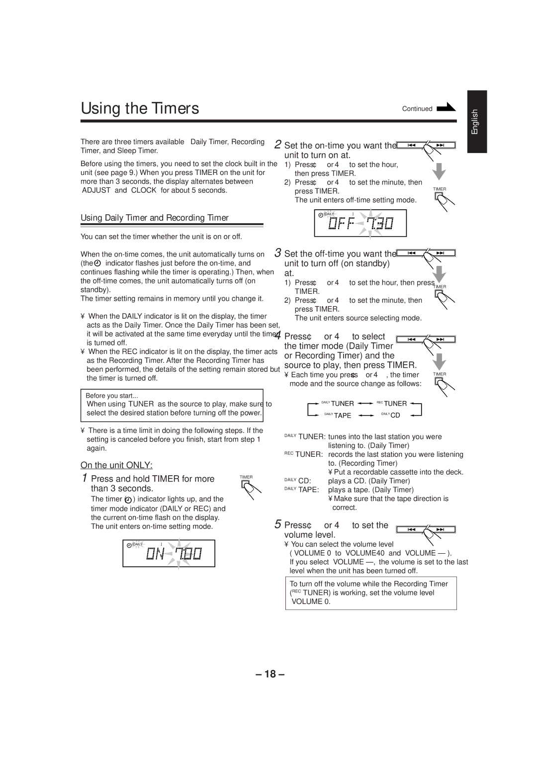 JVC UX-P3 manual Using the Timers, Using Daily Timer and Recording Timer 