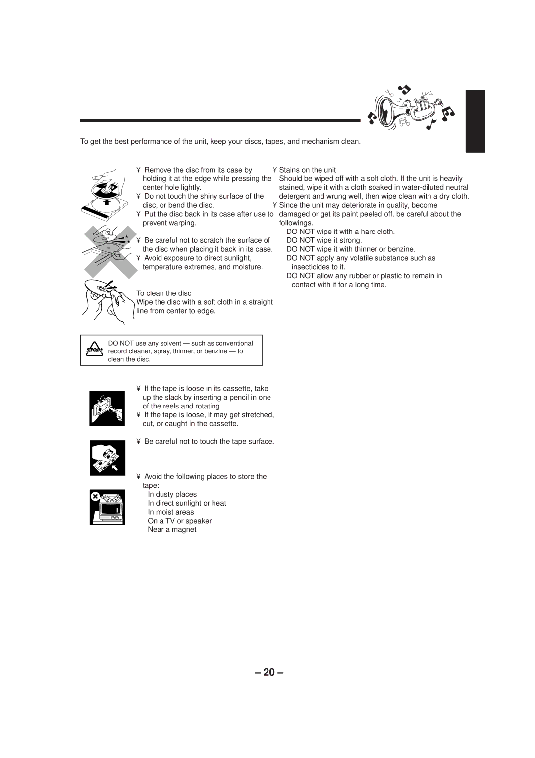 JVC UX-P3 manual Maintenance, Handling discs, Cleaning the unit, Handling cassette tapes 