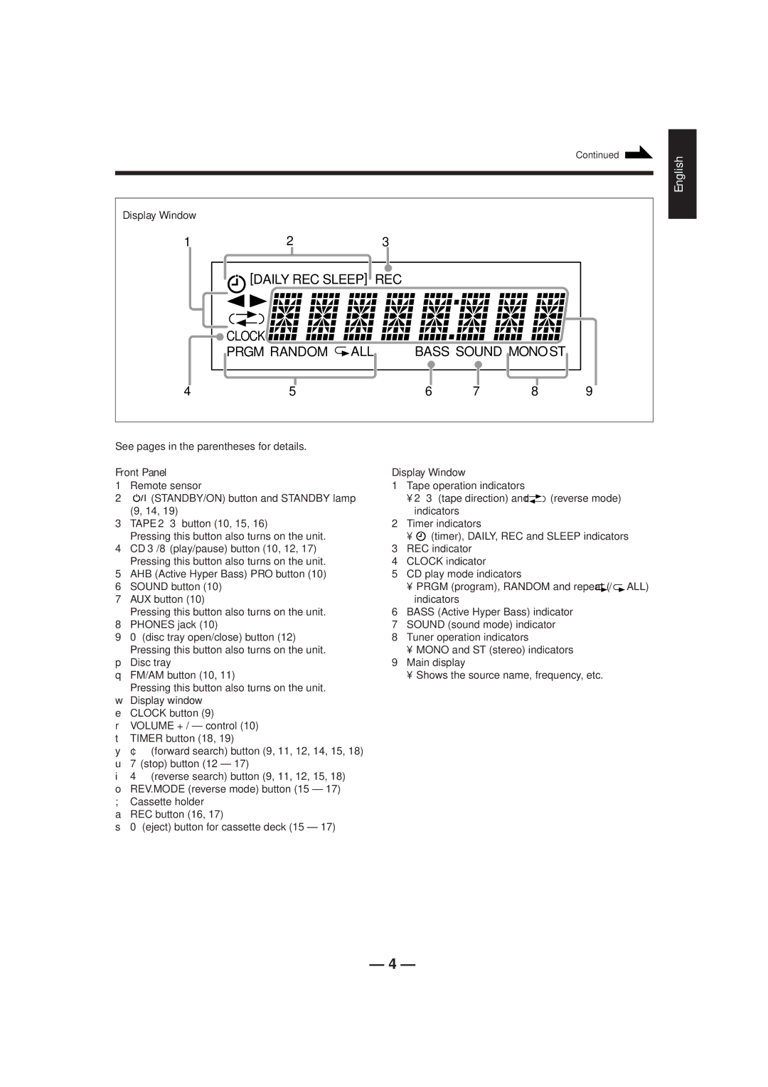 JVC UX-P3 manual Display Window, Front Panel, See pages in the parentheses for details 