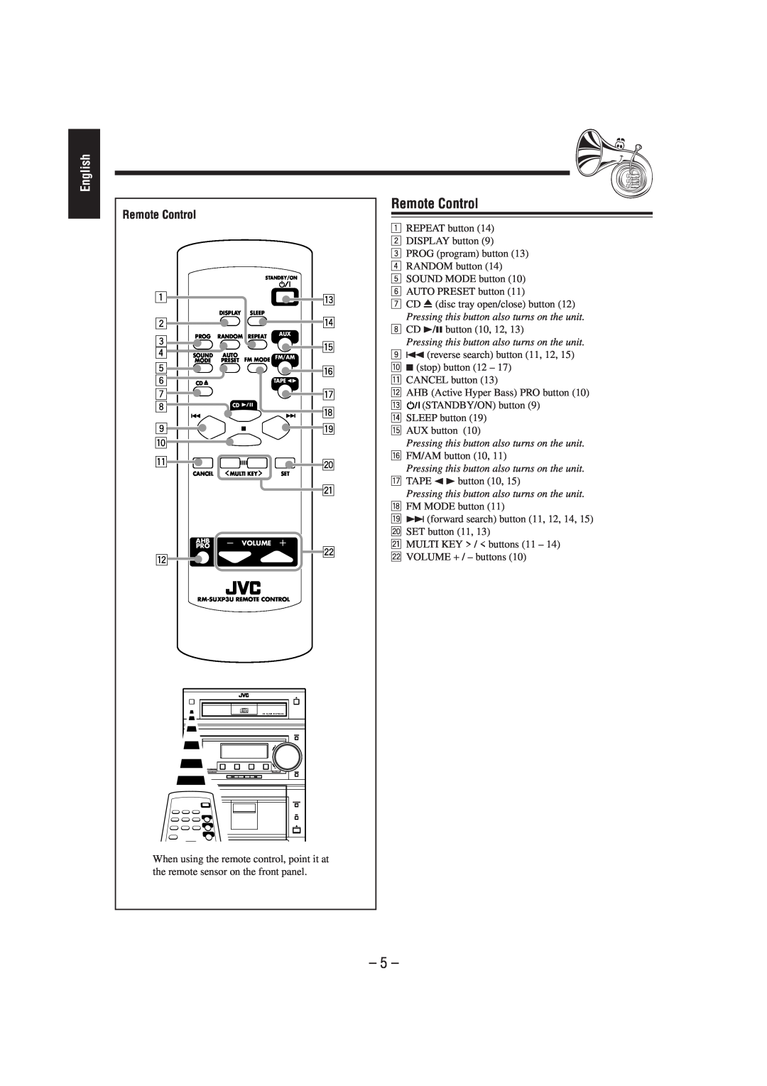 JVC UX-P3 manual Remote Control, English 