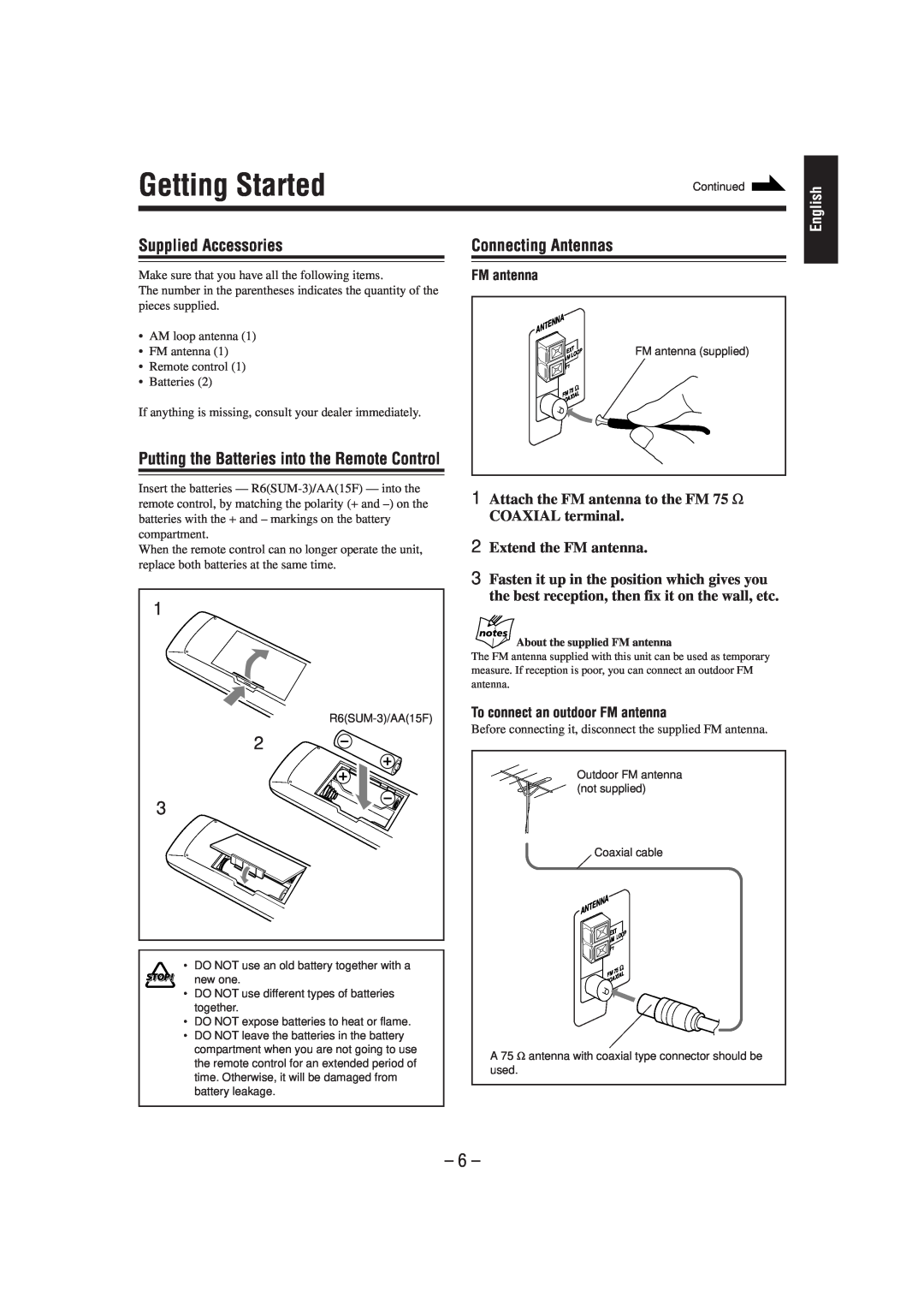 JVC UX-P3 manual Getting Started, Supplied Accessories, Connecting Antennas, Attach the FM antenna to the FM 75 Ω, English 