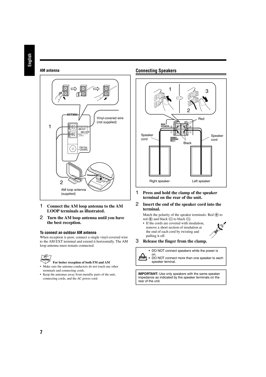 JVC UX-P30 manual Connecting Speakers, Release the finger from the clamp, To connect an outdoor AM antenna 