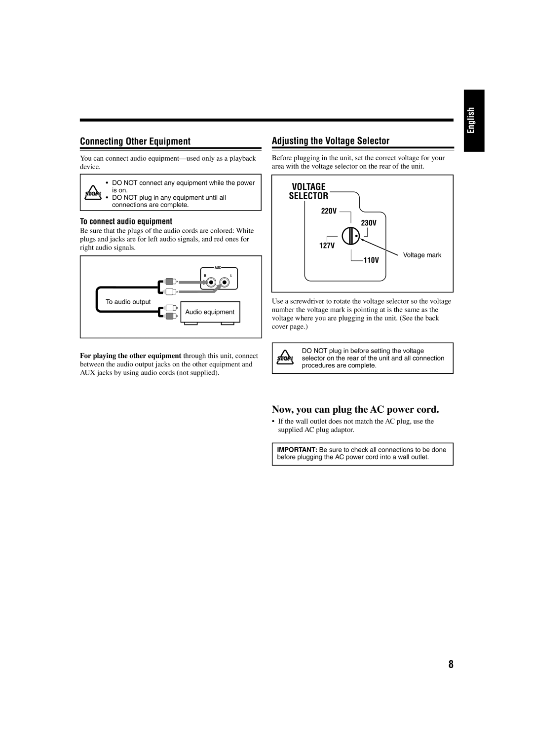 JVC UX-P30 manual Connecting Other Equipment Adjusting the Voltage Selector, To connect audio equipment 