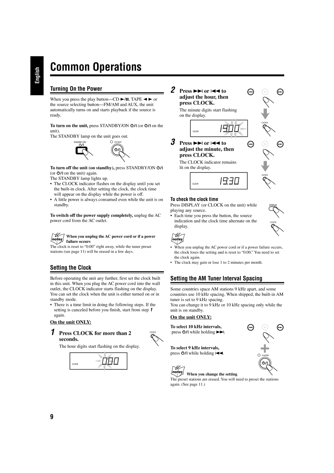 JVC UX-P30 manual Common Operations, Turning On the Power, Setting the Clock, Setting the AM Tuner Interval Spacing 