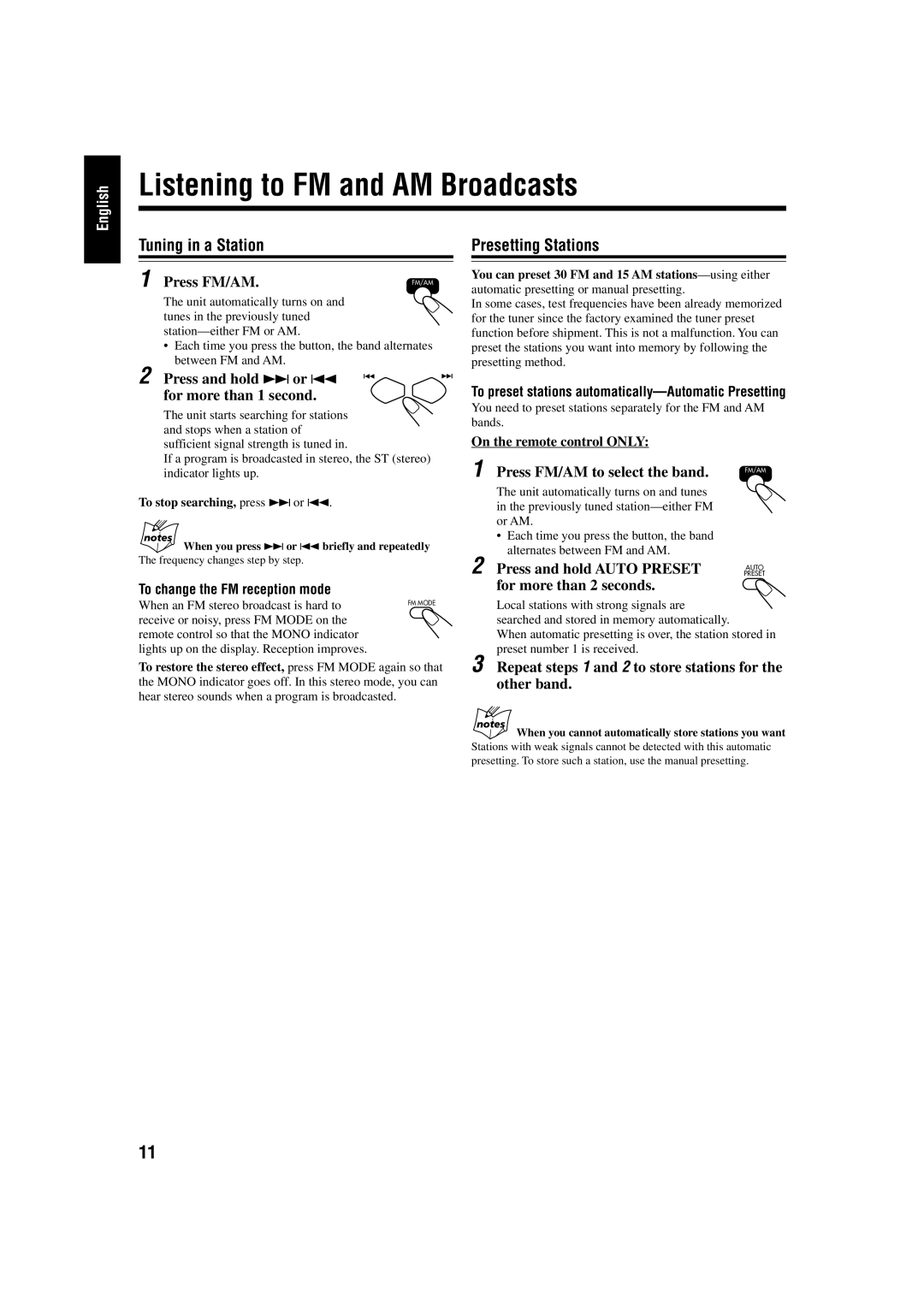 JVC UX-P30 manual Listening to FM and AM Broadcasts, Tuning in a Station, Presetting Stations 