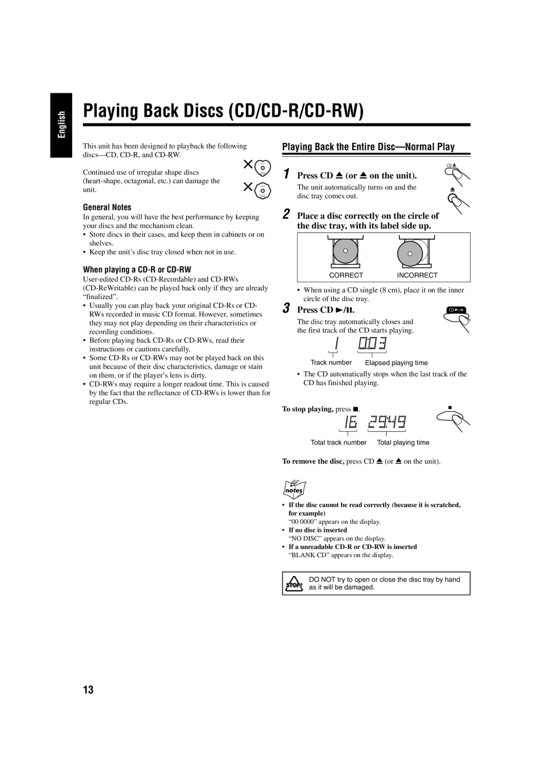 JVC UX-P30 manual Playing Back Discs CD/CD-R/CD-RW, Playing Back the Entire Disc-Normal Play, Press CD 0 or 0 on the unit 