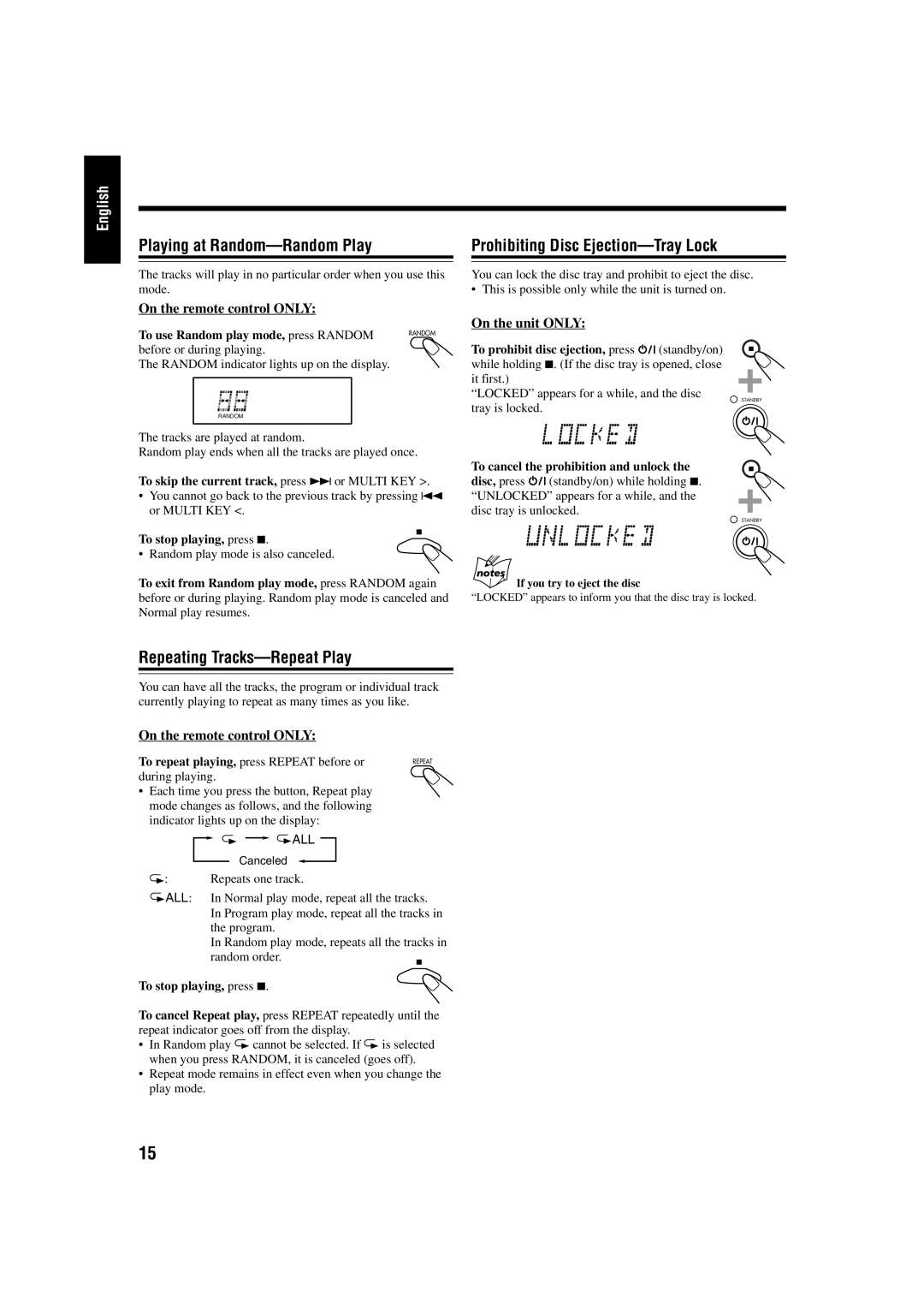 JVC UX-P30 manual Repeating Tracks-Repeat Play, To use Random play mode, press Random, To prohibit disc ejection, press 