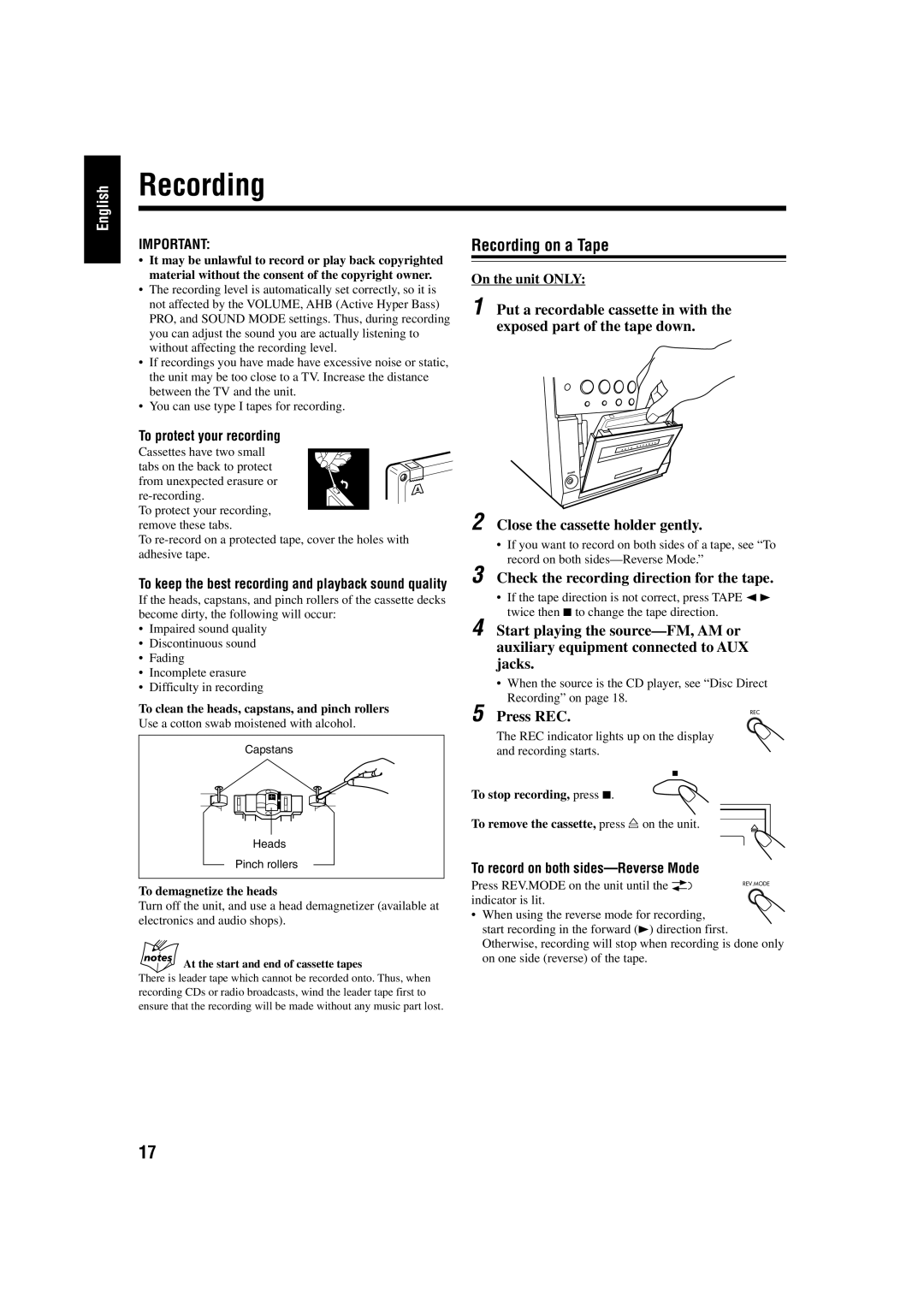 JVC UX-P30 manual Recording on a Tape, Check the recording direction for the tape, Press REC 